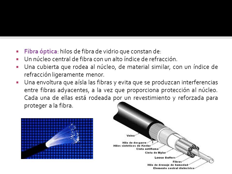 Fibra óptica: hilos de fibra de vidrio que constan de: