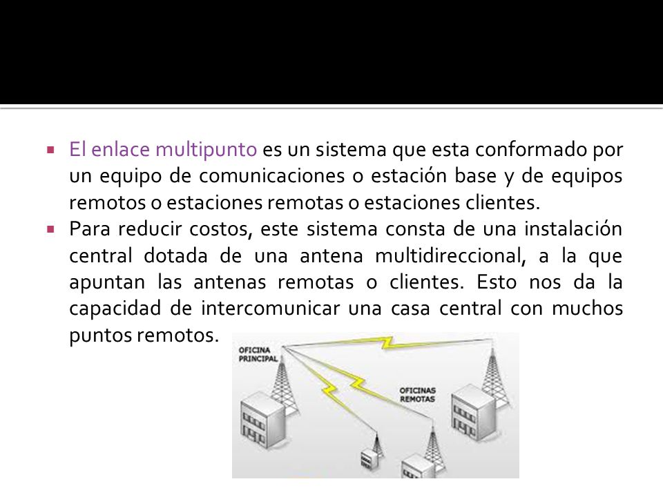 El enlace multipunto es un sistema que esta conformado por un equipo de comunicaciones o estación base y de equipos remotos o estaciones remotas o estaciones clientes.