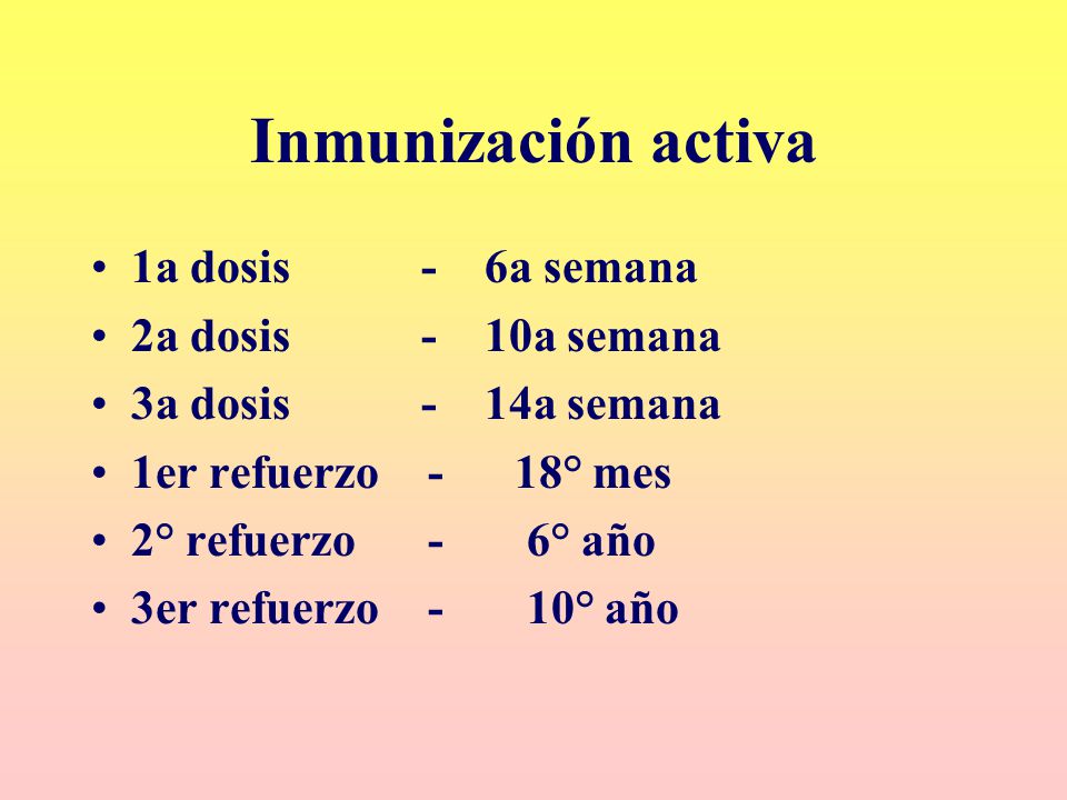 Inmunización activa 1a dosis - 6a semana 2a dosis - 10a semana