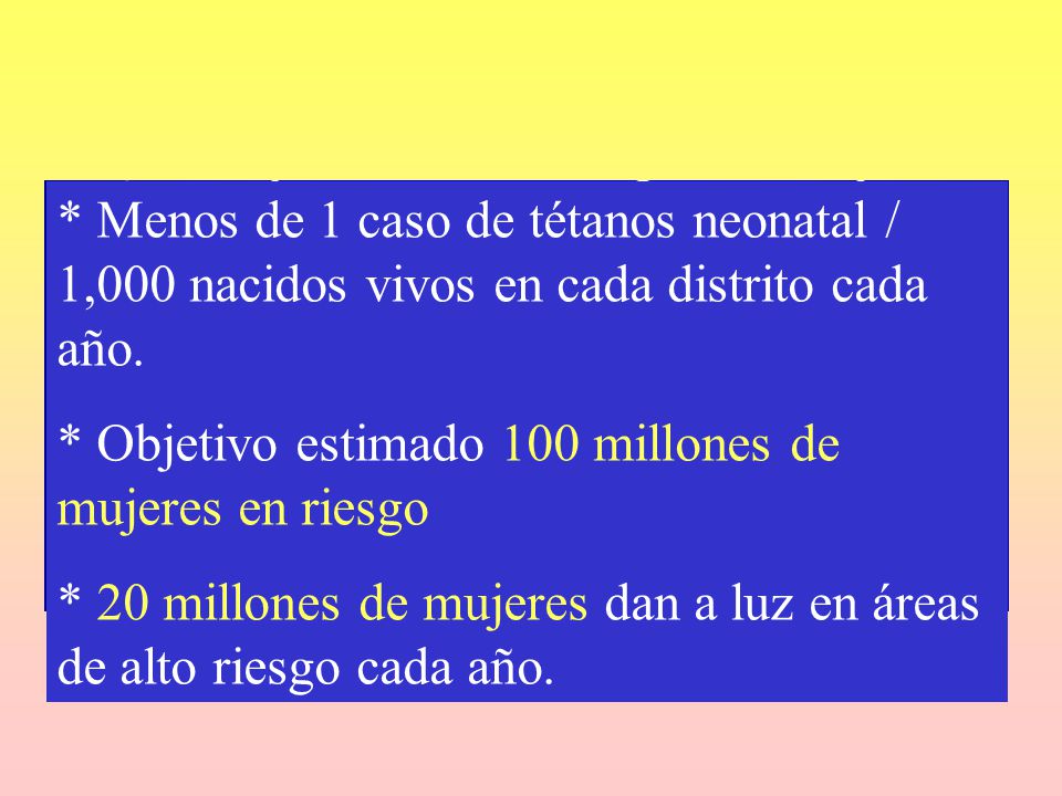 * Menos de 1 caso de tétanos neonatal / 1,000 nacidos vivos en cada distrito cada año.