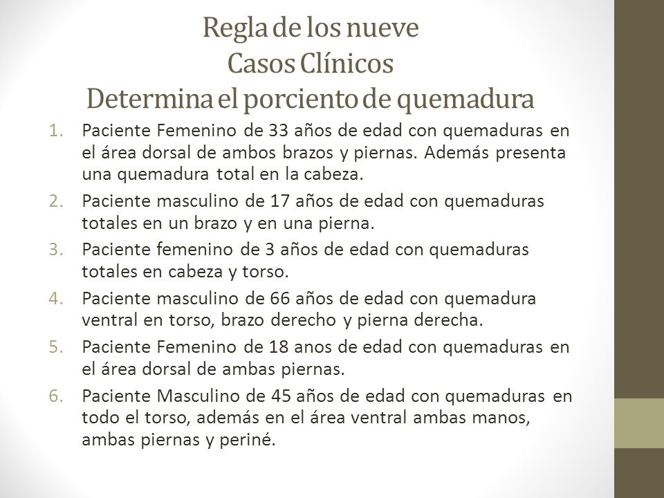 Regla de los nueve Casos Clínicos Determina el porciento de quemadura