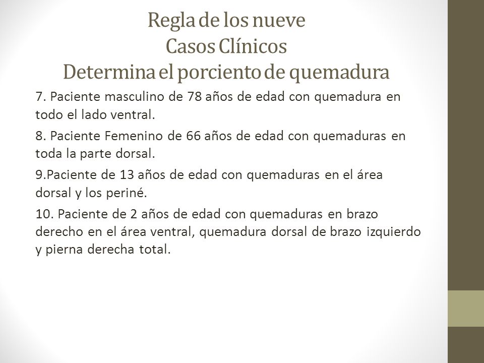 Regla de los nueve Casos Clínicos Determina el porciento de quemadura