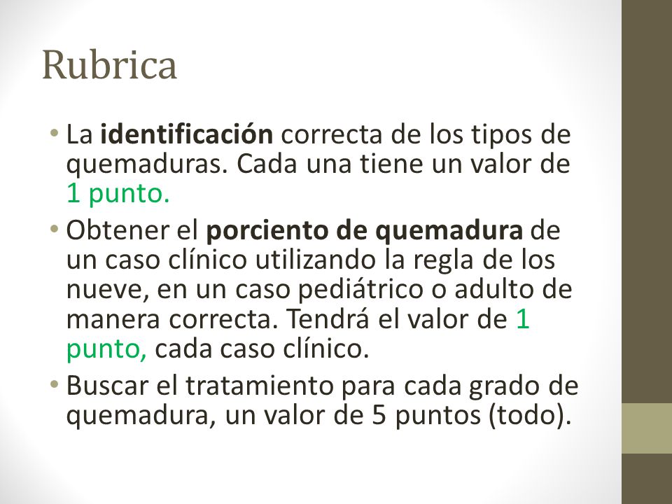 Rubrica La identificación correcta de los tipos de quemaduras. Cada una tiene un valor de 1 punto.