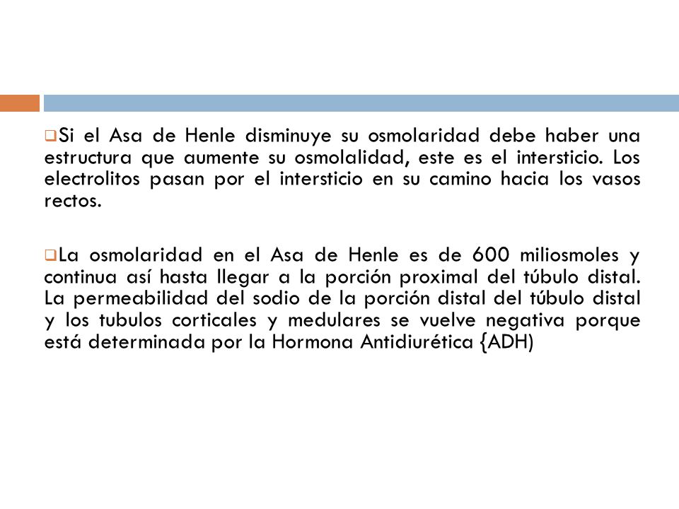 Si el Asa de Henle disminuye su osmolaridad debe haber una estructura que aumente su osmolalidad, este es el intersticio. Los electrolitos pasan por el intersticio en su camino hacia los vasos rectos.