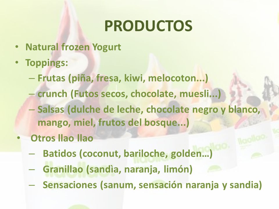 PRODUCTOS Natural frozen Yogurt Toppings: