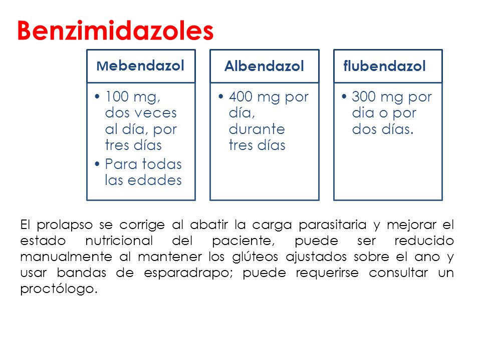 Benzimidazoles Mebendazol. 100 mg, dos veces al día, por tres días. Para todas las edades. Albendazol.