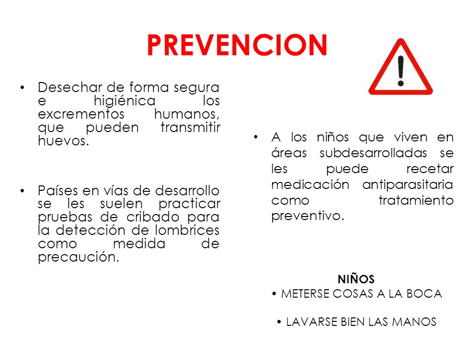 PREVENCION Desechar de forma segura e higiénica los excrementos humanos, que pueden transmitir huevos.