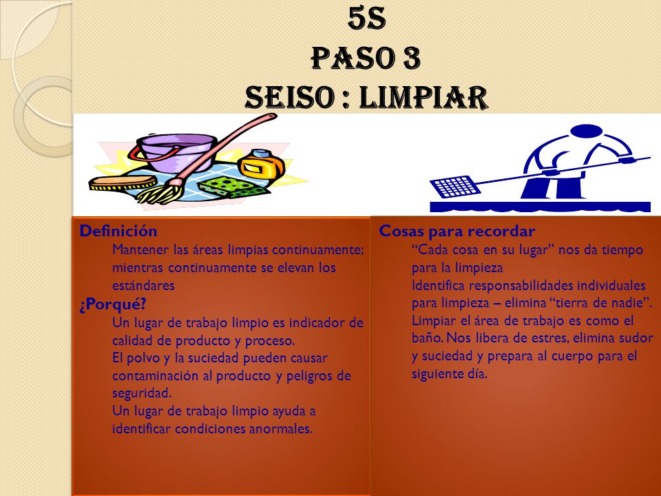 5S Paso 3 Seiso : Limpiar Definición ¿Porqué Cosas para recordar