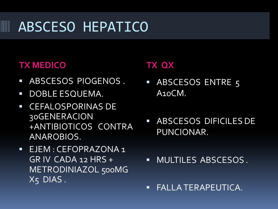 ABSCESO HEPATICO TX MEDICO TX QX ABSCESOS PIOGENOS . DOBLE ESQUEMA.