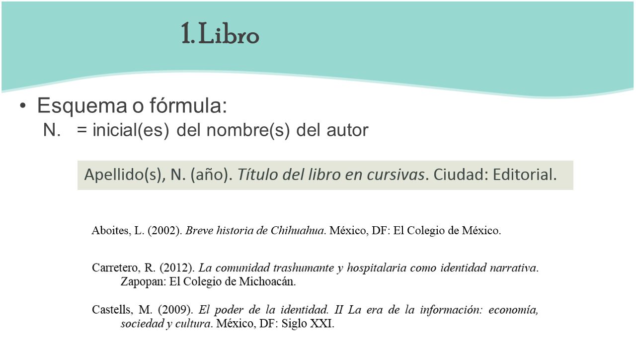1. Libro Esquema o fórmula: N. = inicial(es) del nombre(s) del autor