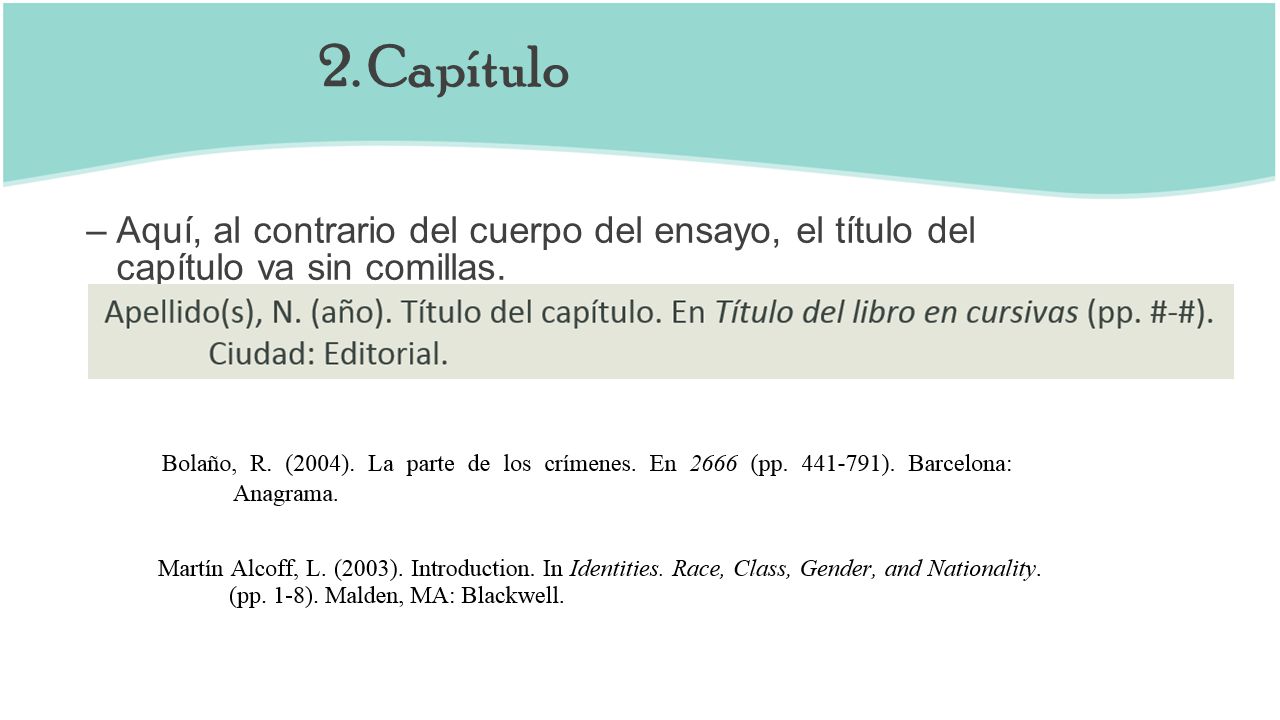 2. Capítulo Aquí, al contrario del cuerpo del ensayo, el título del capítulo va sin comillas.