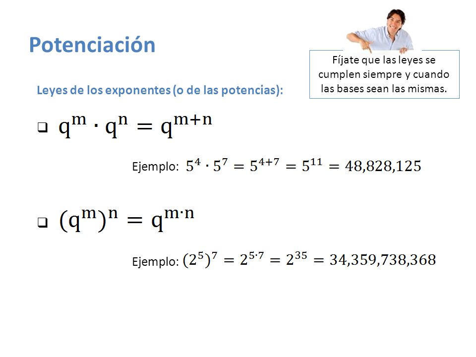 Potenciación Leyes de los exponentes (o de las potencias): Ejemplo: