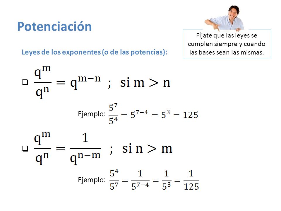 Potenciación Leyes de los exponentes (o de las potencias): Ejemplo: