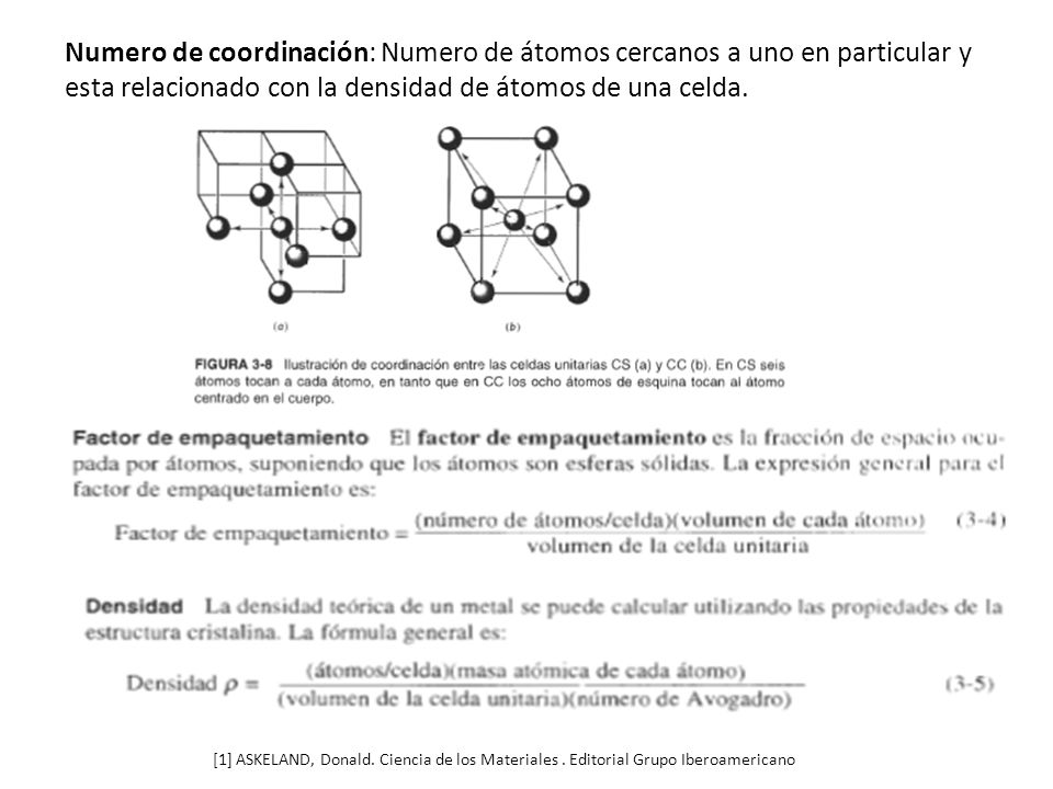 Numero de coordinación: Numero de átomos cercanos a uno en particular y esta relacionado con la densidad de átomos de una celda.