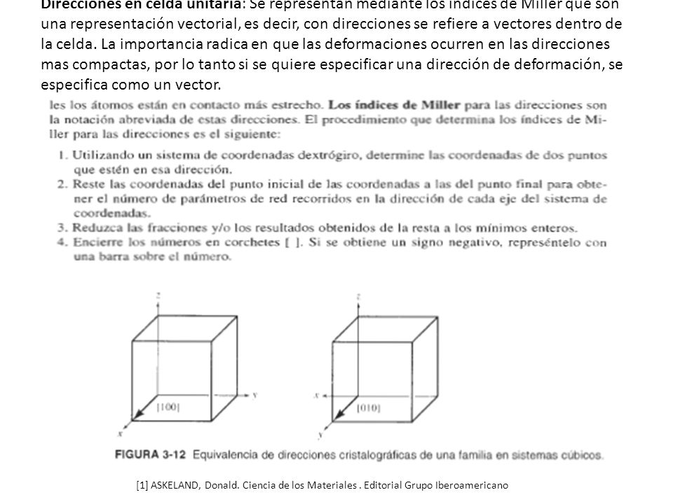Direcciones en celda unitaria: Se representan mediante los índices de Miller que son una representación vectorial, es decir, con direcciones se refiere a vectores dentro de la celda. La importancia radica en que las deformaciones ocurren en las direcciones mas compactas, por lo tanto si se quiere especificar una dirección de deformación, se especifica como un vector.