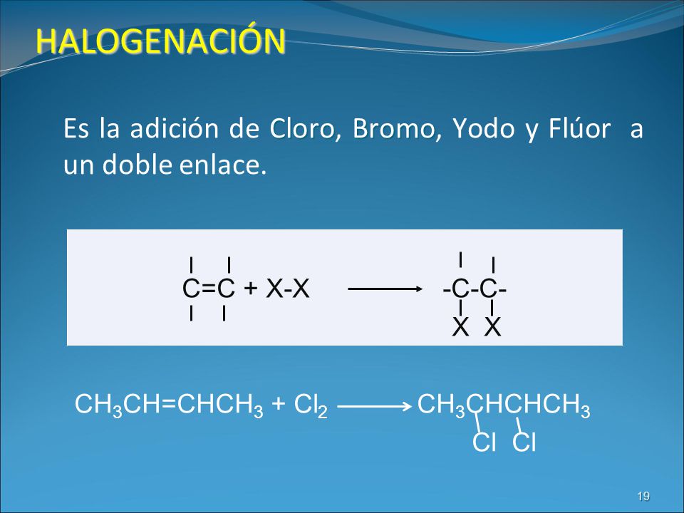 HALOGENACIÓN C=C + X-X -C-C- X X CH3CH=CHCH3 + Cl2 CH3CHCHCH3 Cl Cl