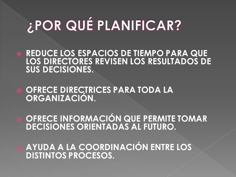 ¿POR QUÉ PLANIFICAR REDUCE LOS ESPACIOS DE TIEMPO PARA QUE LOS DIRECTORES REVISEN LOS RESULTADOS DE SUS DECISIONES.