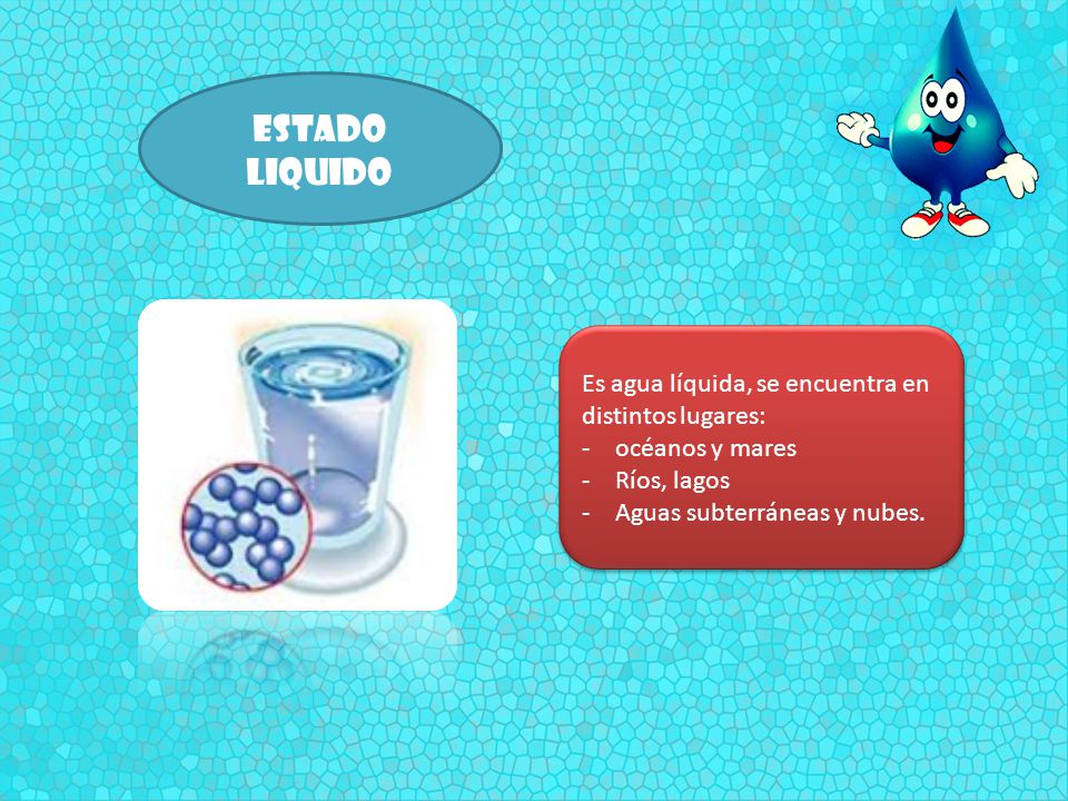 Estado liquido Es agua líquida, se encuentra en distintos lugares: