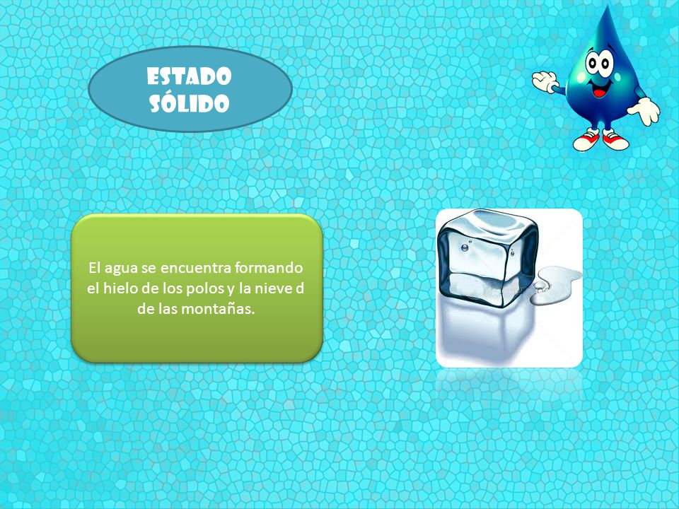 Estado sólido El agua se encuentra formando el hielo de los polos y la nieve d de las montañas.