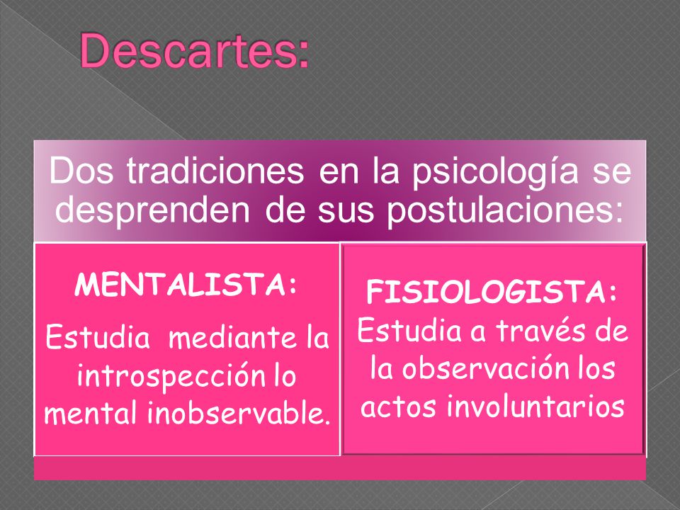 Descartes: Dos tradiciones en la psicología se desprenden de sus postulaciones: MENTALISTA: