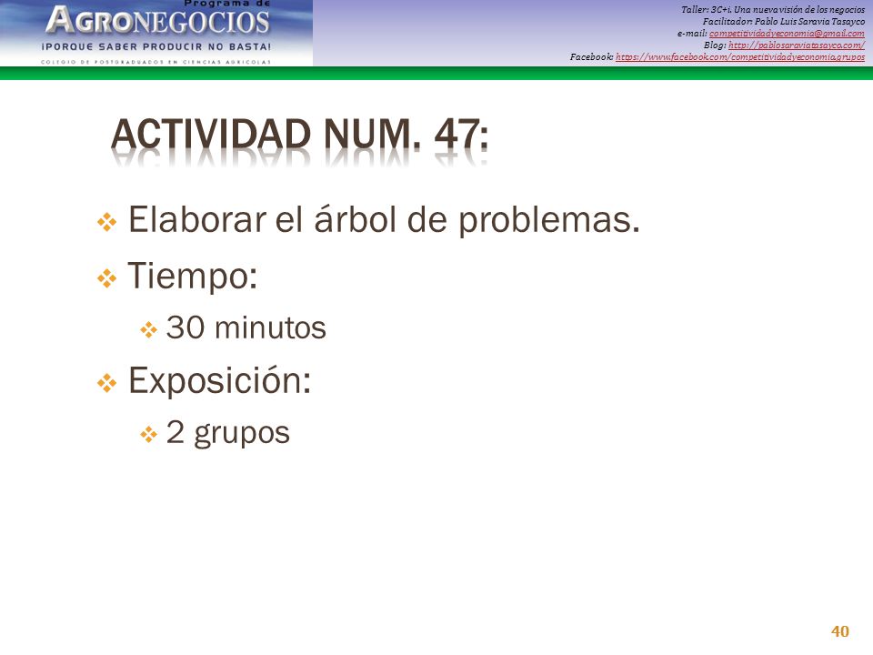 Actividad Num. 47: Elaborar el árbol de problemas. Tiempo: Exposición: