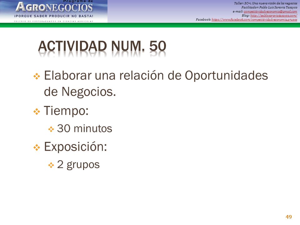 Actividad Num. 50 Elaborar una relación de Oportunidades de Negocios.