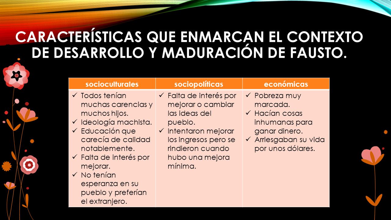 características que enmarcan el contexto de desarrollo y maduración de Fausto.