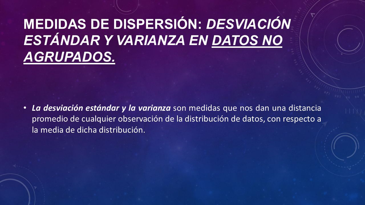Medidas de dispersión: desviación estándar y varianza en datos no agrupados.