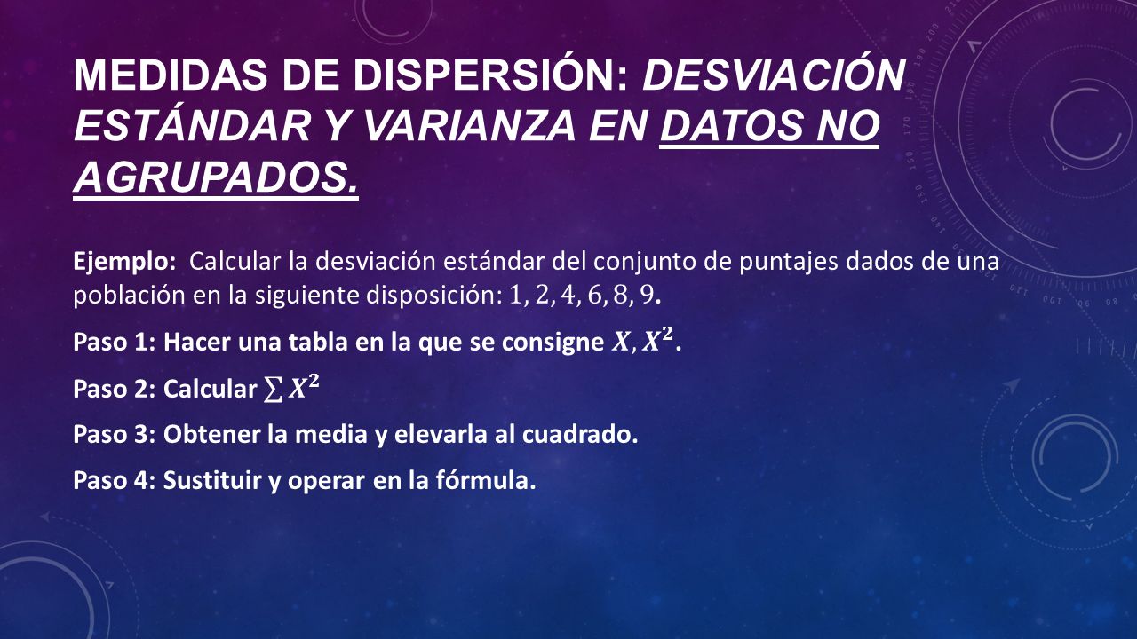 Medidas de dispersión: desviación estándar y varianza en datos no agrupados.
