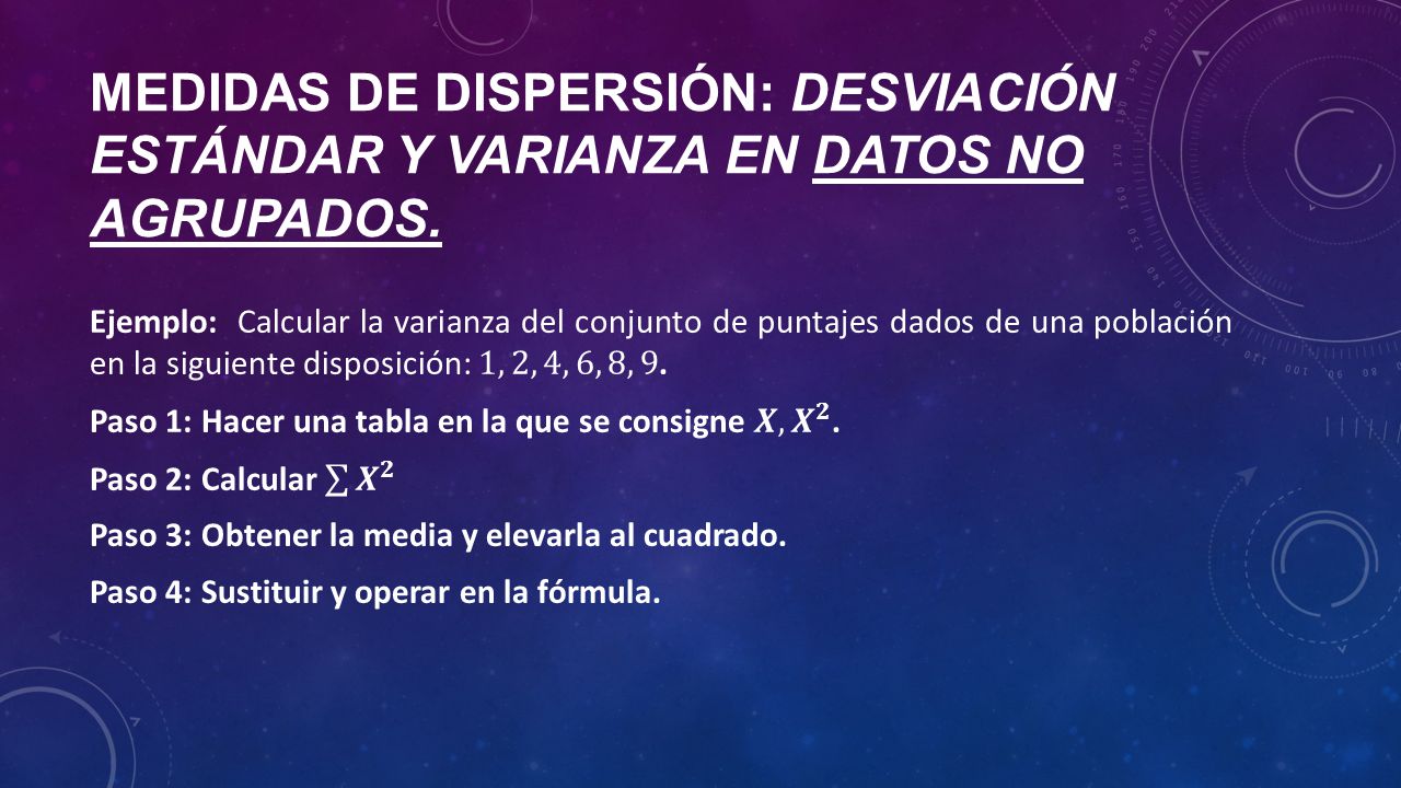 Medidas de dispersión: desviación estándar y varianza en datos no agrupados.