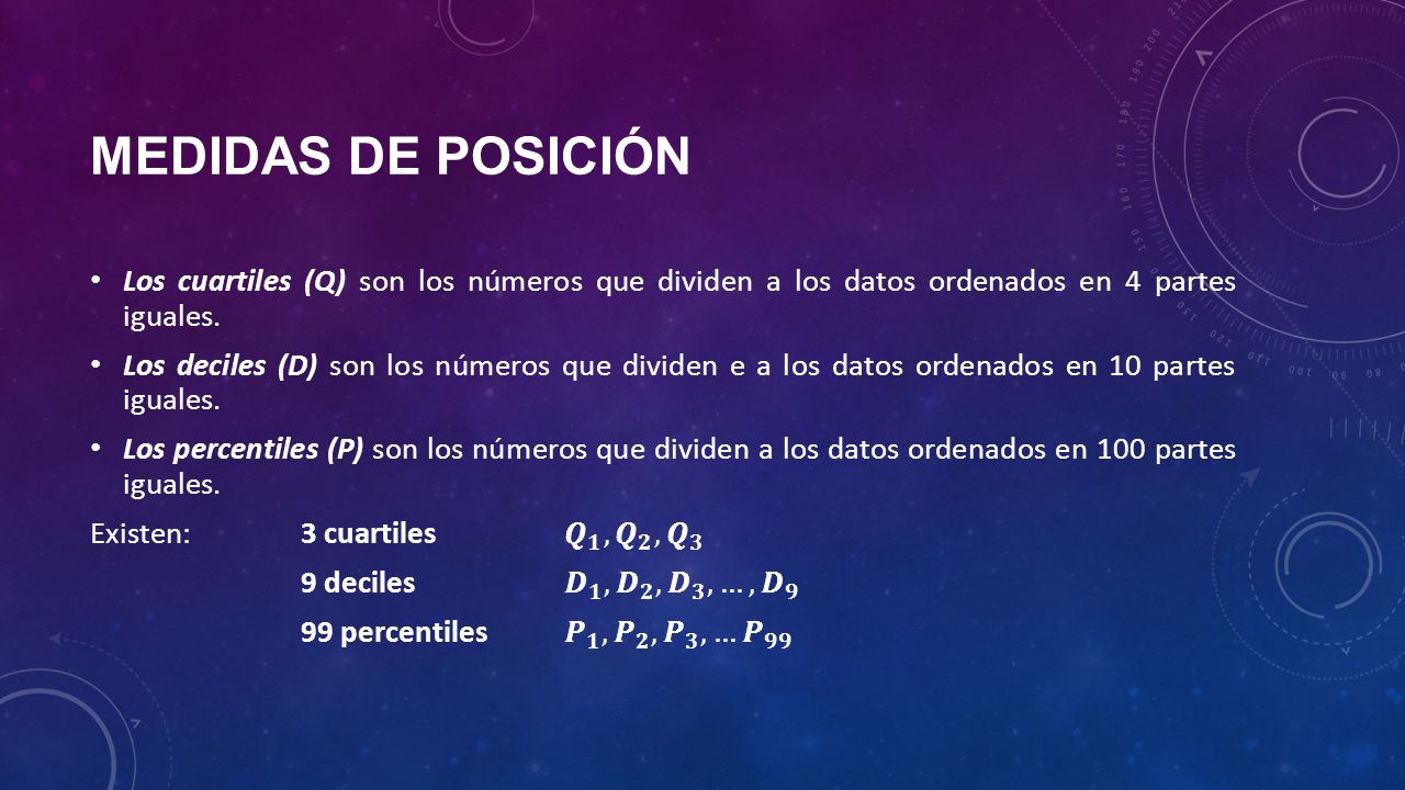 Medidas de posición Los cuartiles (Q) son los números que dividen a los datos ordenados en 4 partes iguales.