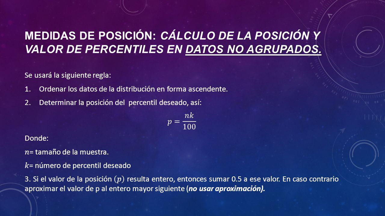 Medidas de posición: Cálculo de la posición y valor de percentiles en datos no agrupados.