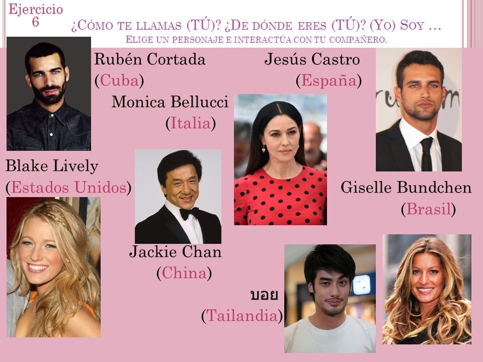 Ejercicio 6 ¿Cómo te llamas (TÚ) ¿De dónde eres (TÚ) (Yo) Soy … Elige un personaje e interactúa con tu compañero.