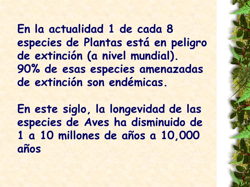 En la actualidad 1 de cada 8 especies de Plantas está en peligro de extinción (a nivel mundial).