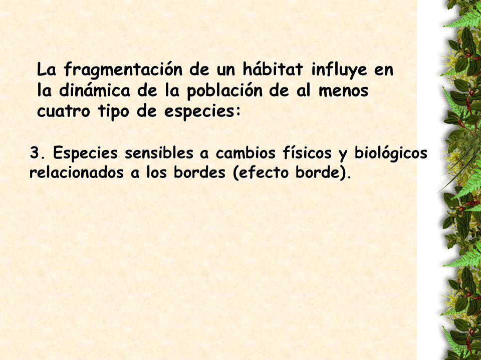 La fragmentación de un hábitat influye en la dinámica de la población de al menos cuatro tipo de especies:
