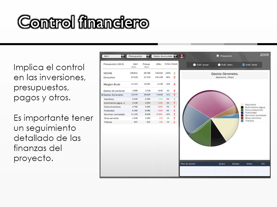 Control financiero Implica el control en las inversiones, presupuestos, pagos y otros.