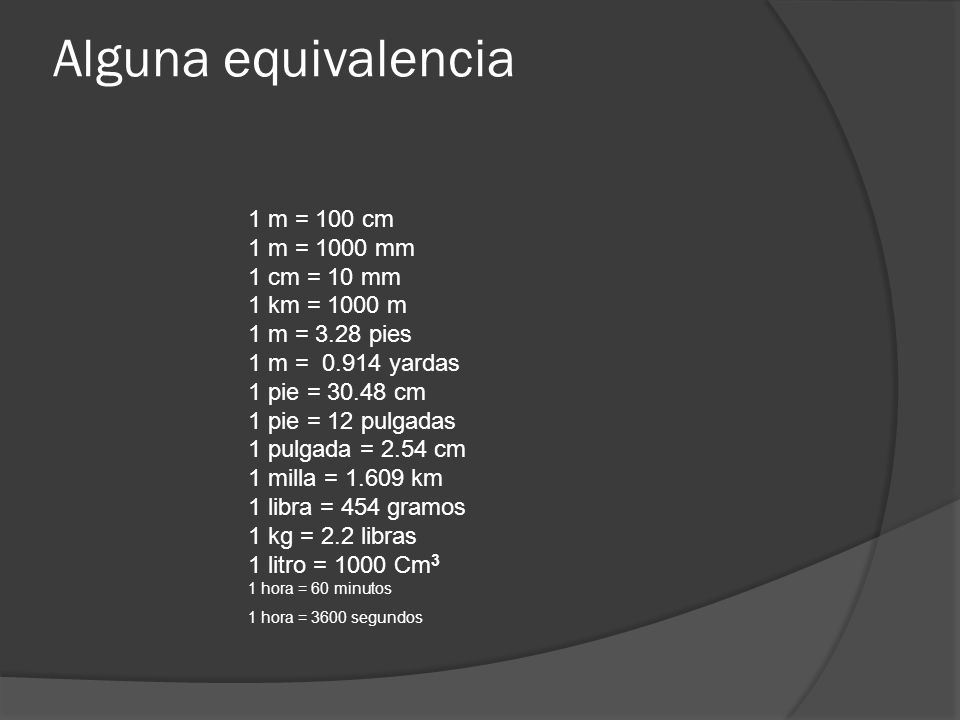 Alguna equivalencia 1 m = 100 cm 1 m = 1000 mm 1 cm = 10 mm