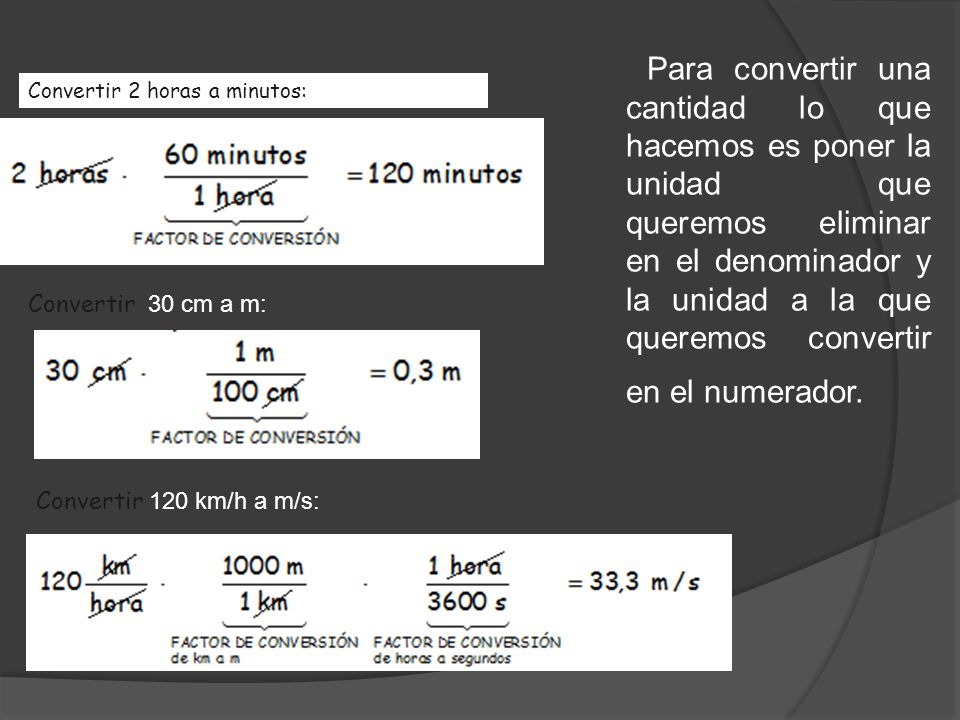 Para convertir una cantidad lo que hacemos es poner la unidad que queremos eliminar en el denominador y la unidad a la que queremos convertir en el numerador.