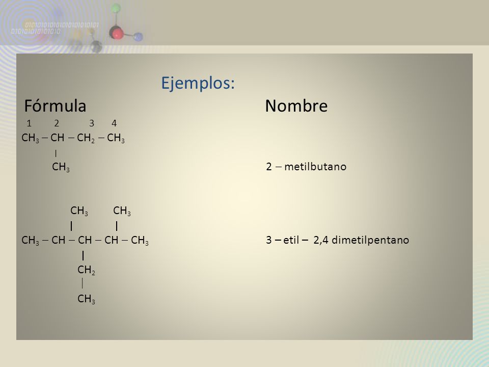 Ejemplos: Fórmula Nombre CH3  CH  CH2  CH3 | CH3 2  metilbutano