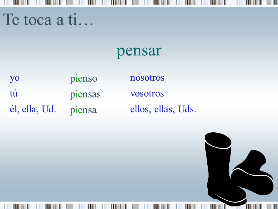 Te toca a ti… pensar pienso piensas piensa yo nosotros tú vosotros