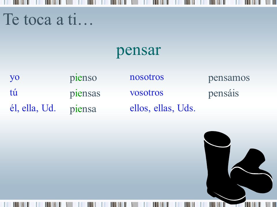 Te toca a ti… pensar pienso pensamos piensas pensáis piensa yo