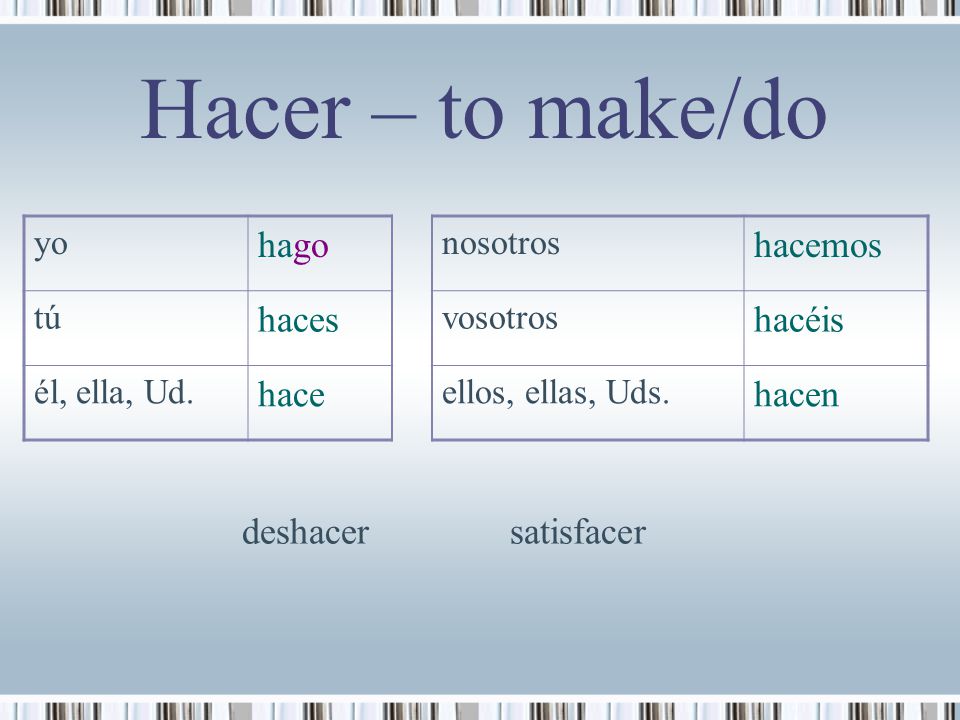 Hacer – to make/do hago hacemos haces hacéis hace hacen deshacer