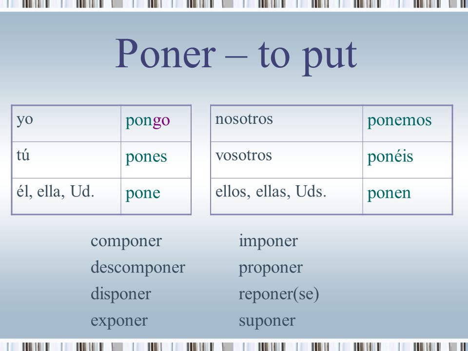 Poner – to put pongo ponemos pones ponéis pone ponen componer imponer