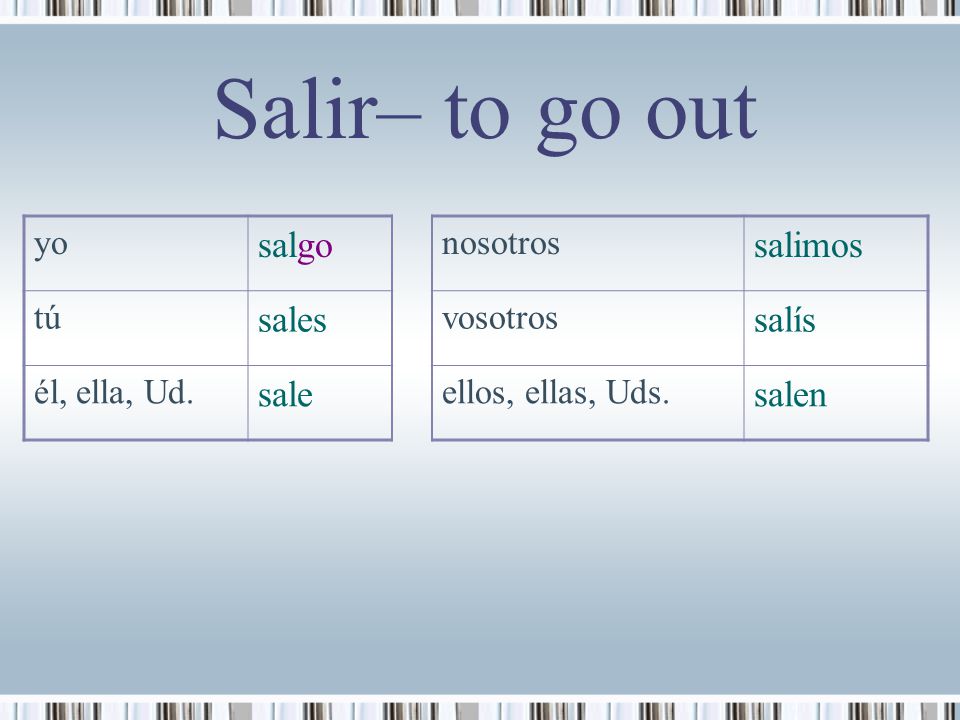 Salir– to go out salgo salimos sales salís sale salen yo nosotros tú