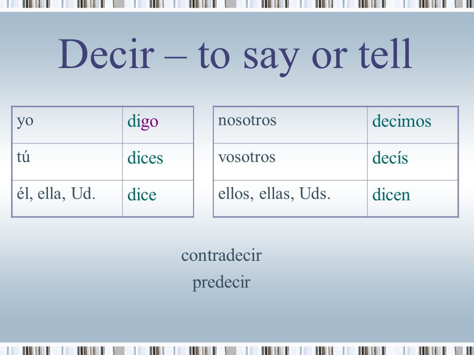 Decir – to say or tell digo decimos dices decís dice dicen contradecir