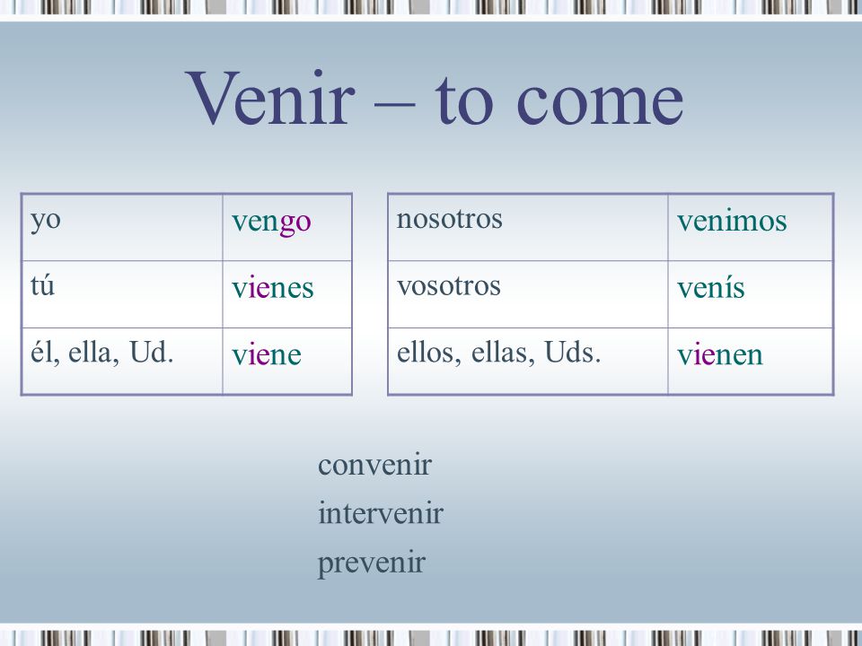 Venir – to come vengo venimos vienes venís viene vienen convenir
