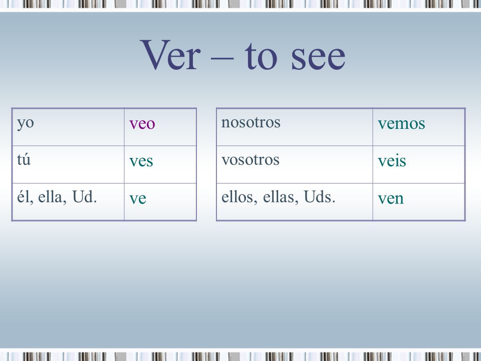 Ver – to see veo vemos ves veis ve ven yo nosotros tú vosotros