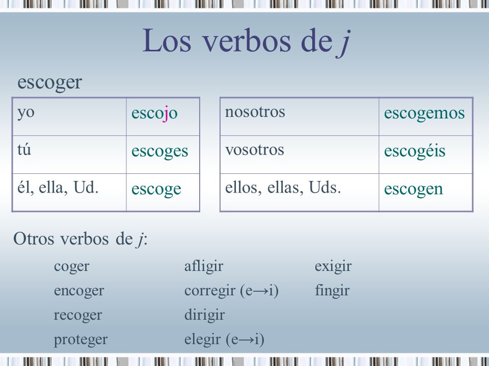 Los verbos de j escoger escojo escogemos escoges escogéis escoge