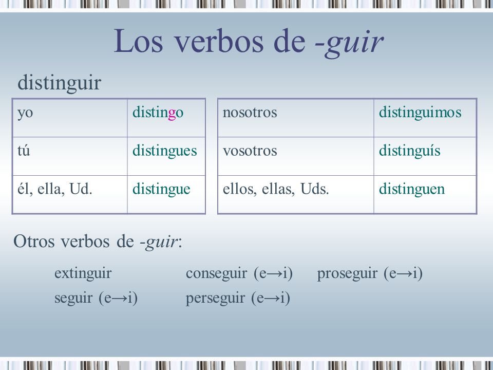 Los verbos de -guir distinguir Otros verbos de -guir: yo distingo