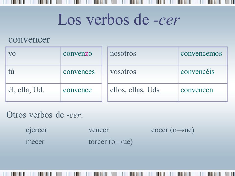 Los verbos de -cer convencer Otros verbos de -cer: yo convenzo